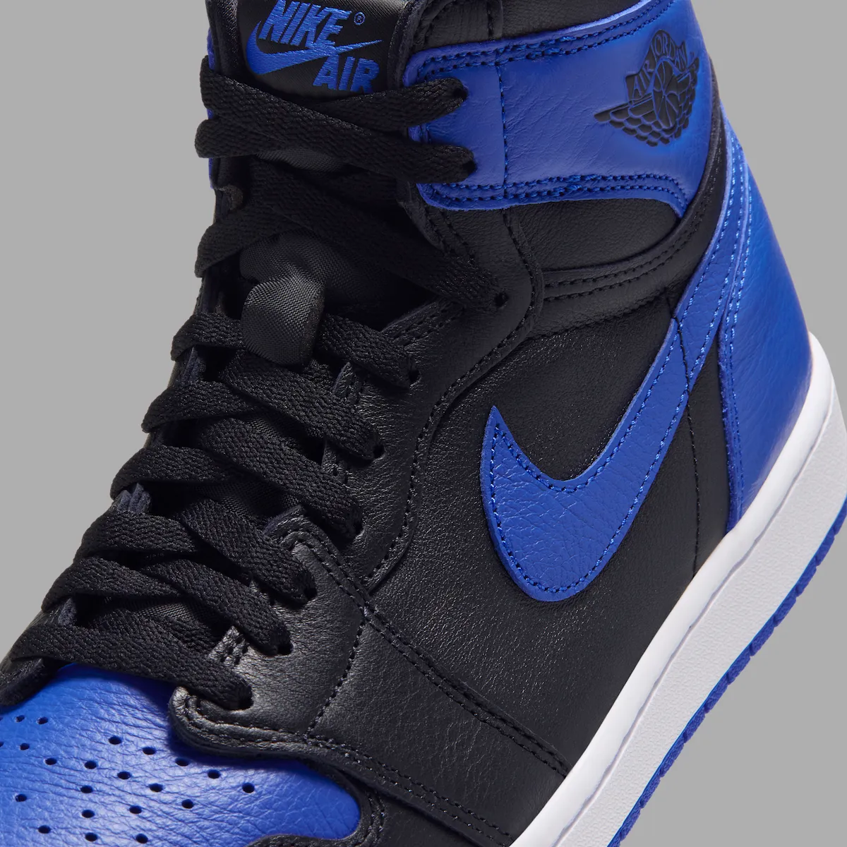 Air Jordan 1 High OG 'Royal' (2026) toe and Swoosh close-up
