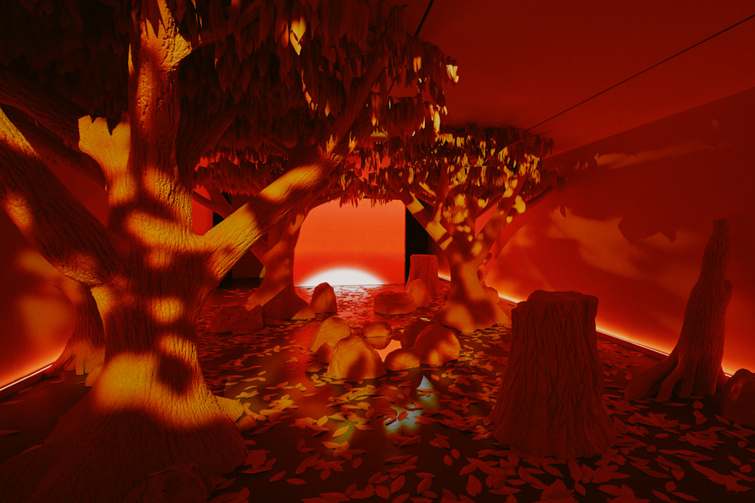 Inside the Vansza NYFW activation's immersive orange-lit forest tunnel