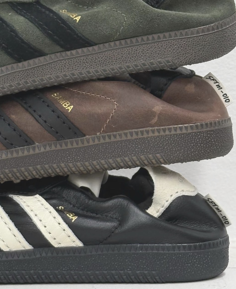 Song For The Mute x adidas Samba trio stacked showing black, brown and green colorways