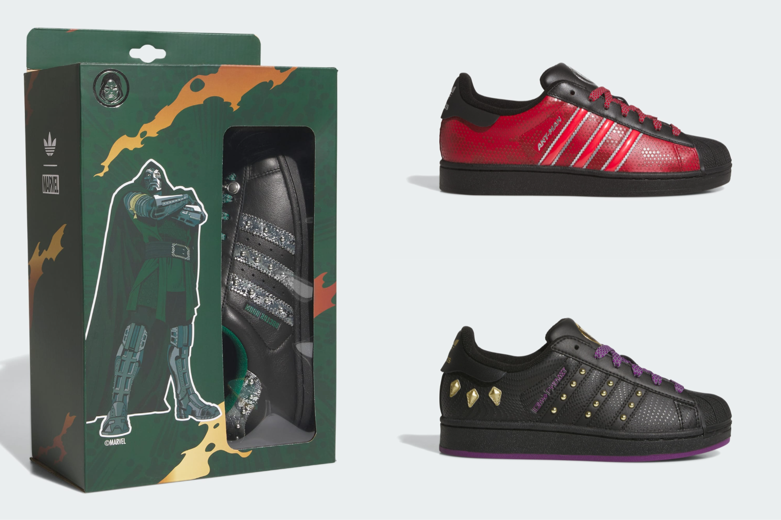 Marvel x adidas Superstar Dr. Doom box with the Ant-Man and Shuri pairs