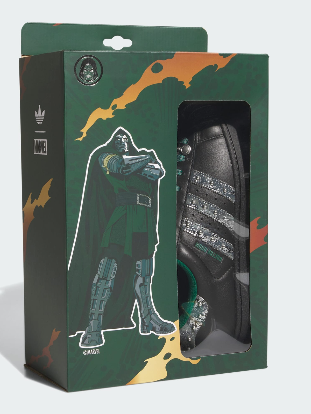 Marvel x adidas Superstar Dr. Doom in its box