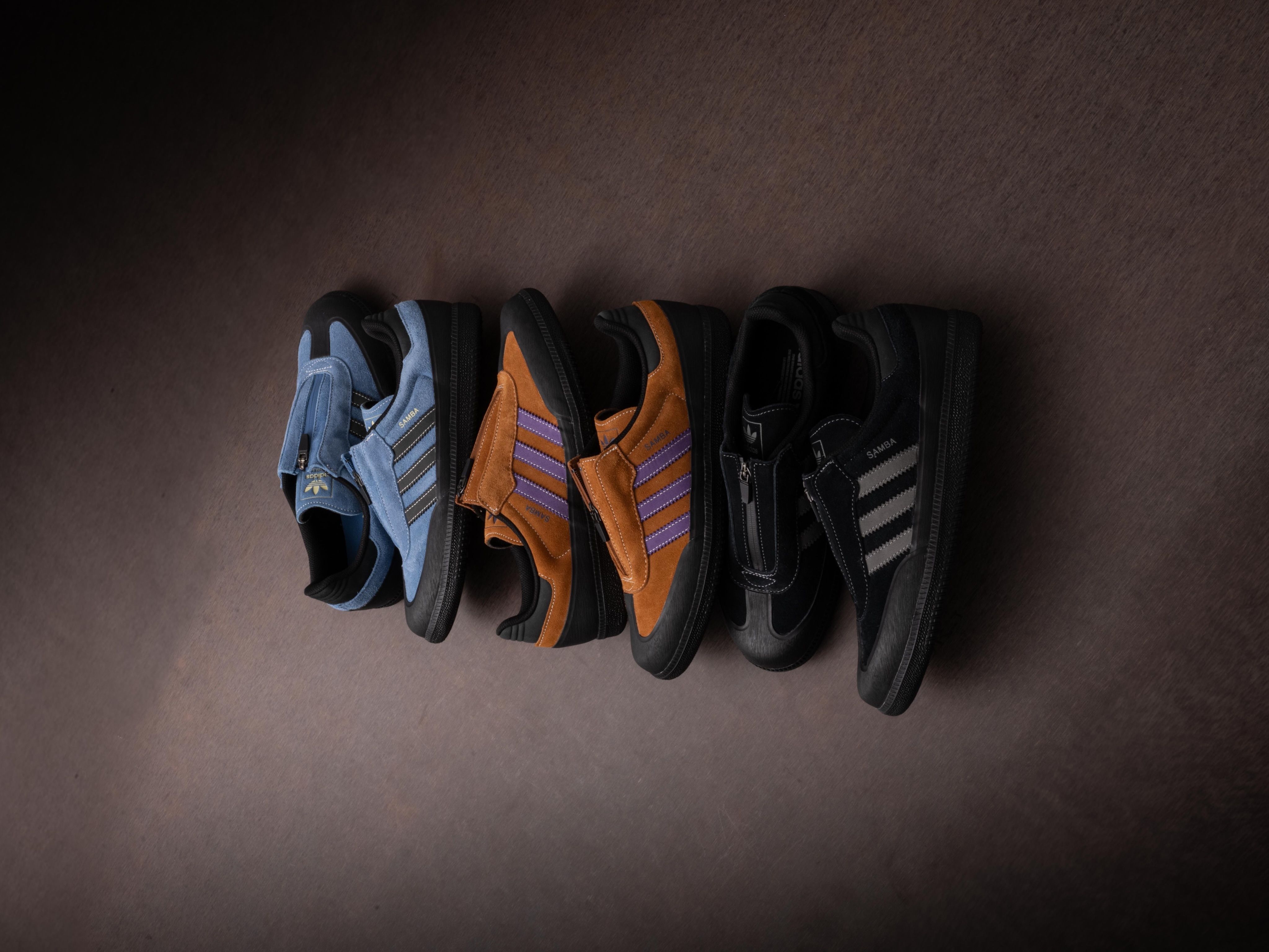 adidas Samba Zip winter pack in blue, brown and black suede