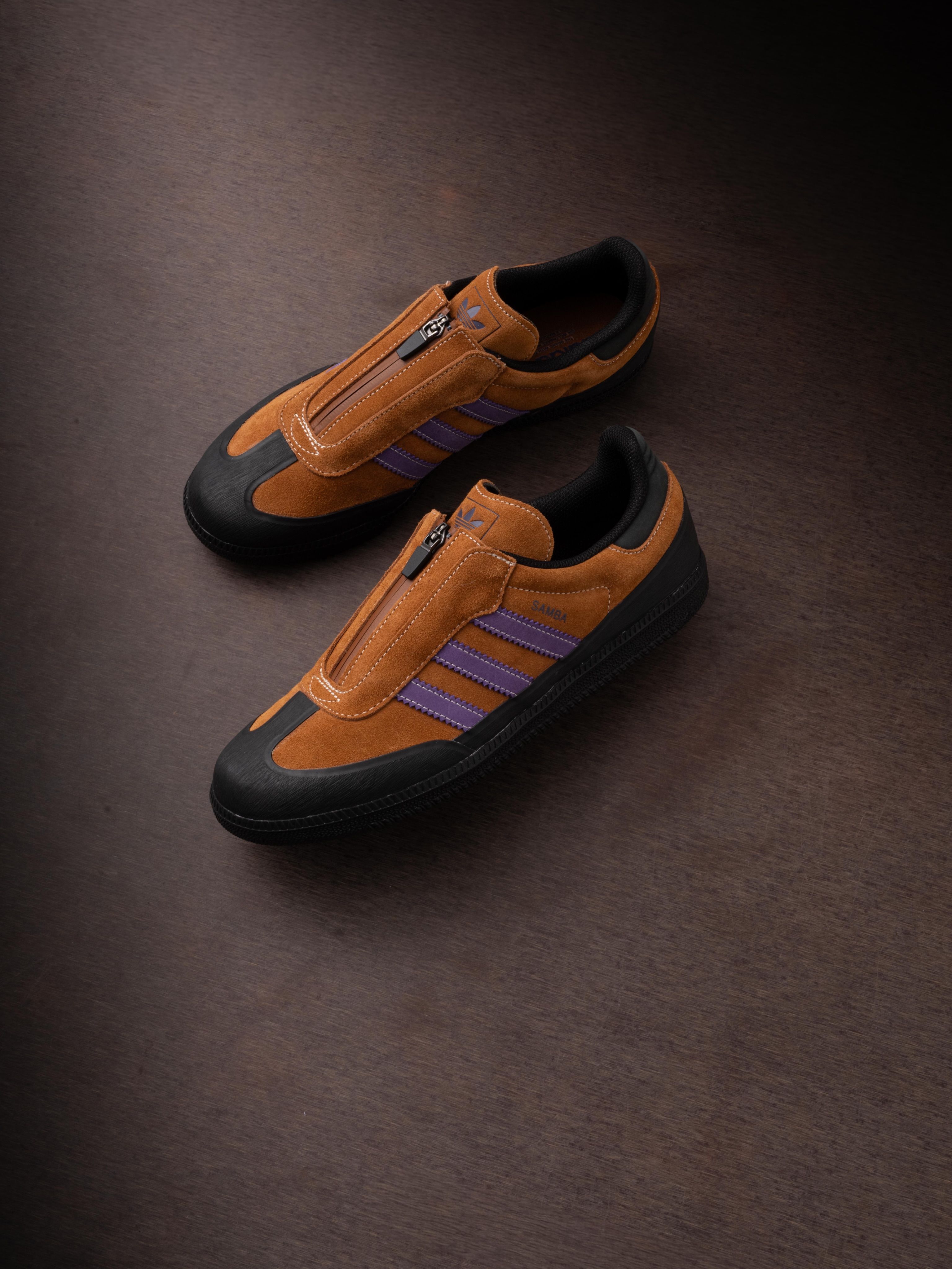 adidas Samba Zip in brown suede with purple stripes