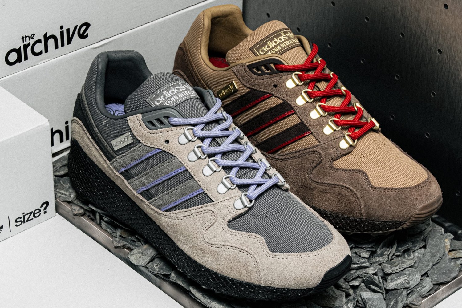 Grey and brown adidas Oregon Ultra Tech Aditex side by side