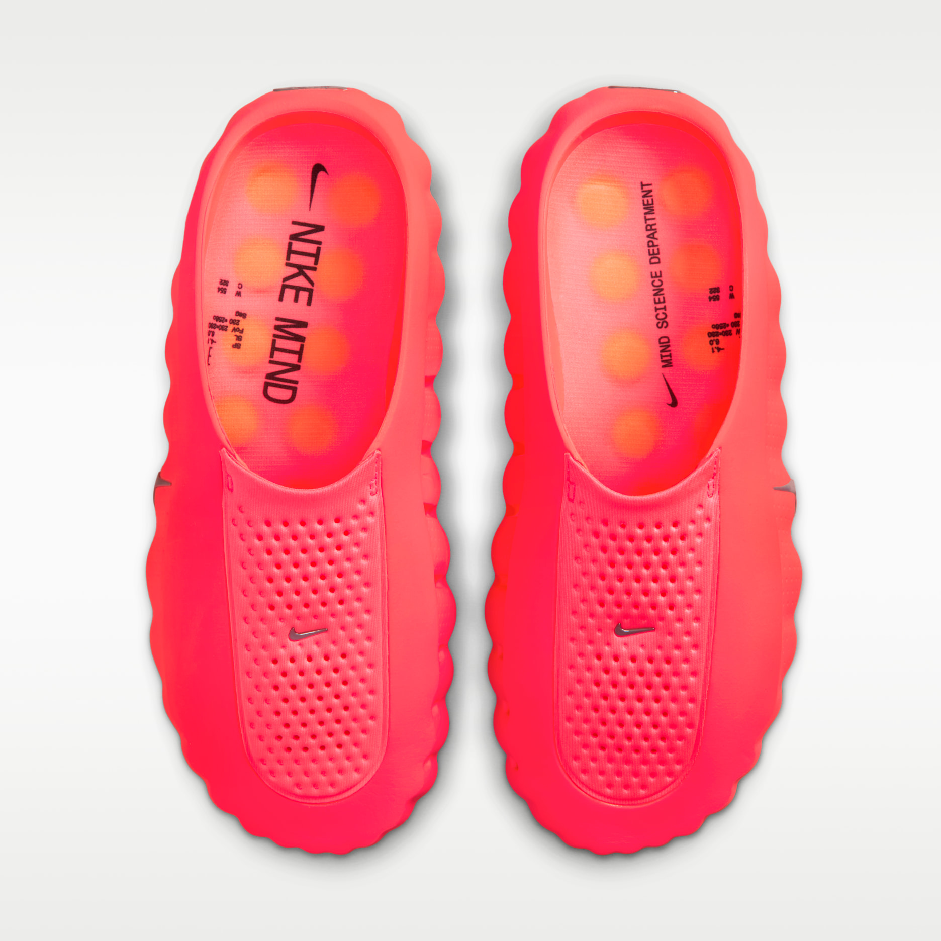 Nike Mind 001 Solar Red women's slides, top view