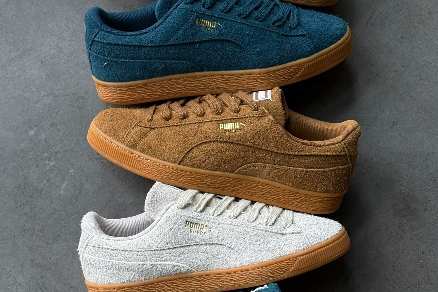 PUMA Suede Forever in Midnight Petrol, Kona Brown and Silver Fog