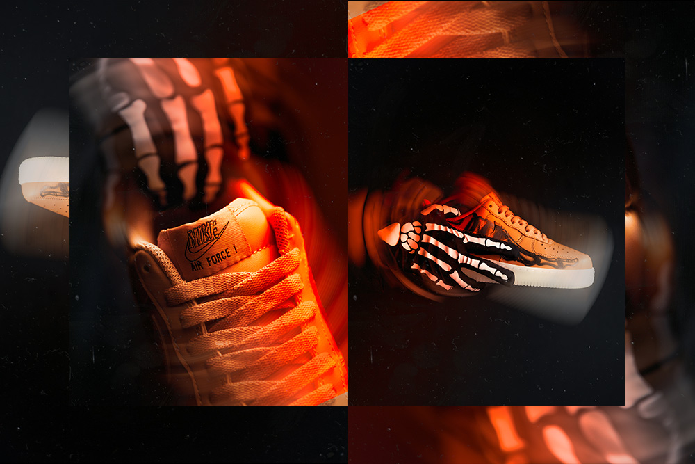 Nike Air Force 1 'Orange Skeleton' met skelethanden in oranje licht