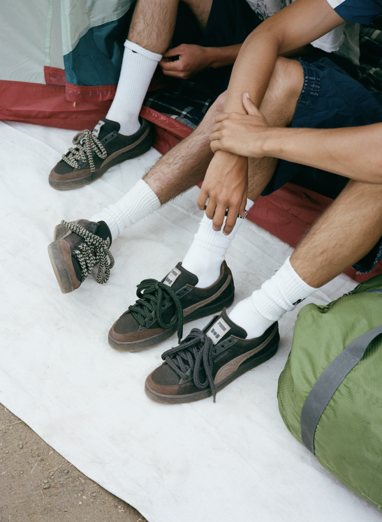 PUMA x Nahmias Suede Crochet campaign shot at a tent