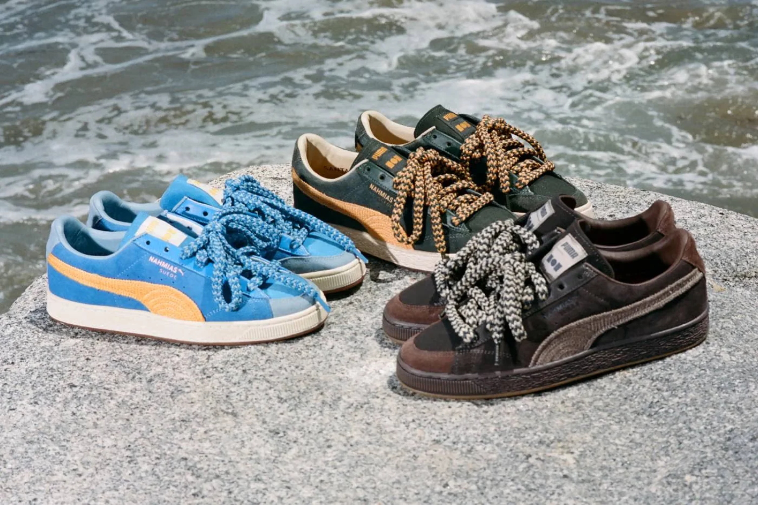 The three new PUMA x Nahmias Suede Crochet colourways in blue, green and brown