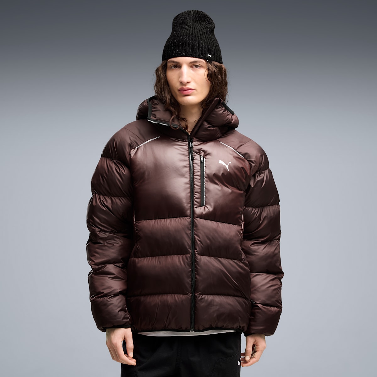 Model wearing the PUMATECH PrimaLoft Puffer Jacket in Chocolate Fondue