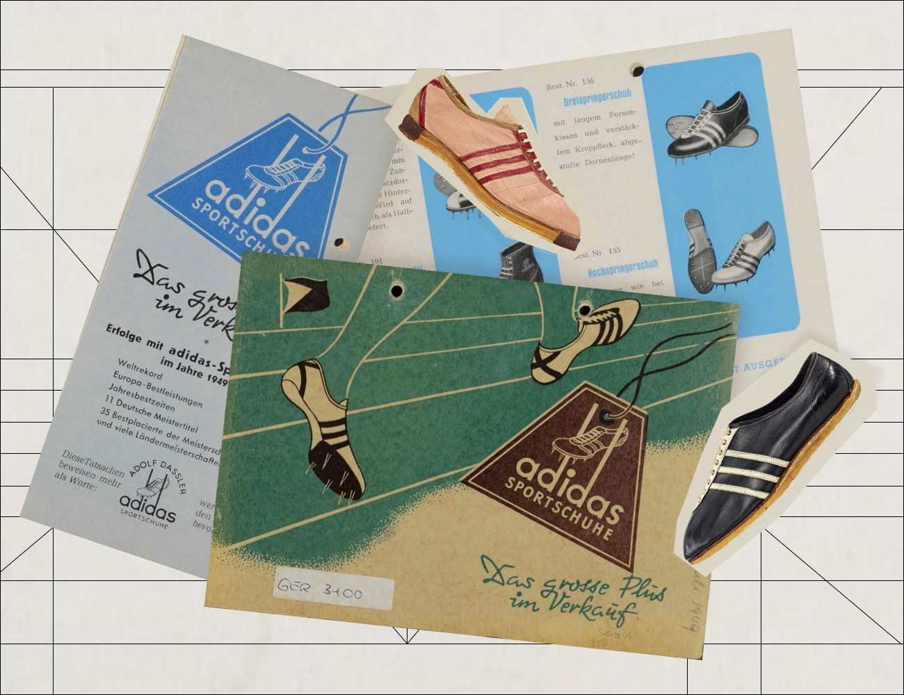 Early adidas advertising with the first logo and the three stripes