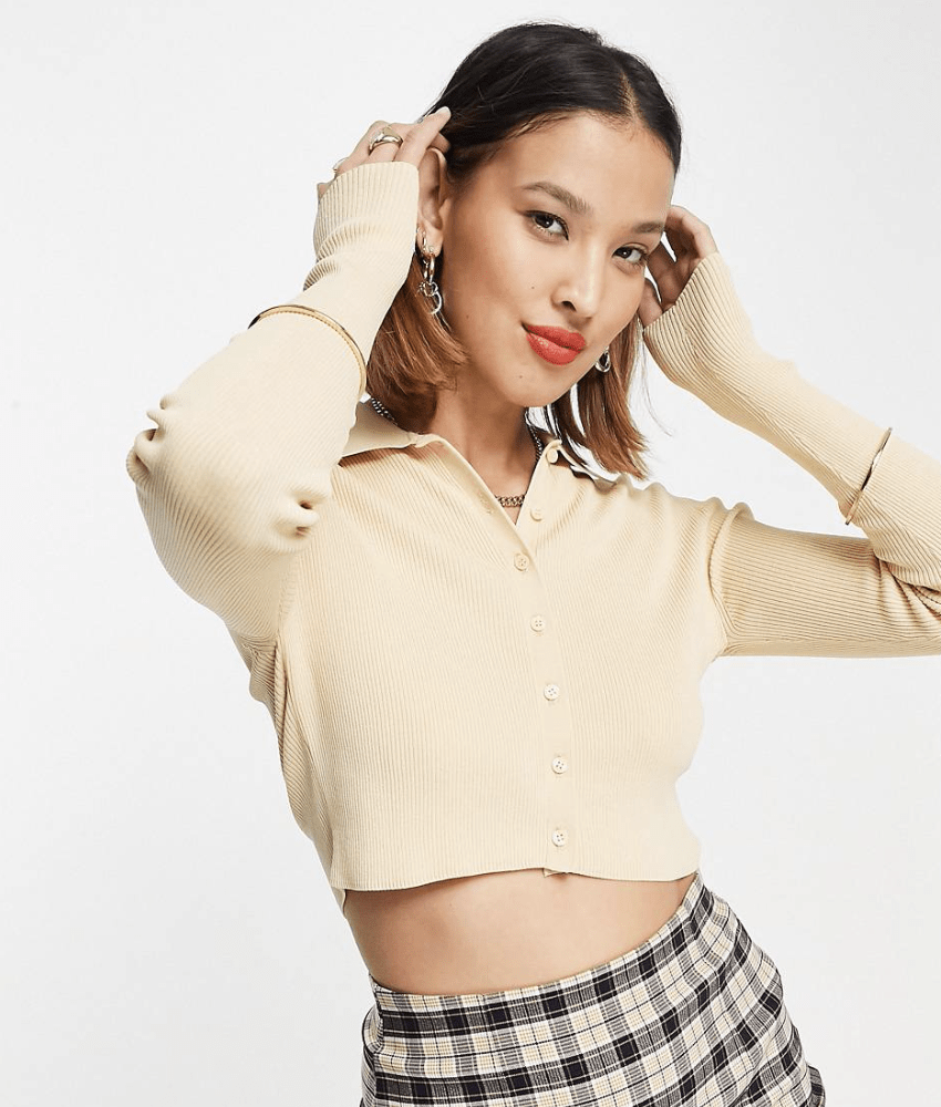 Weekday – Paloma – Durchgeknöpfte Strickjacke in Beige mit Kragen