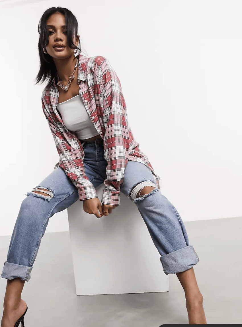 ASOS DESIGN WHF – Langärmliges Boyfriend-Hemd in Rot-Weiß kariert