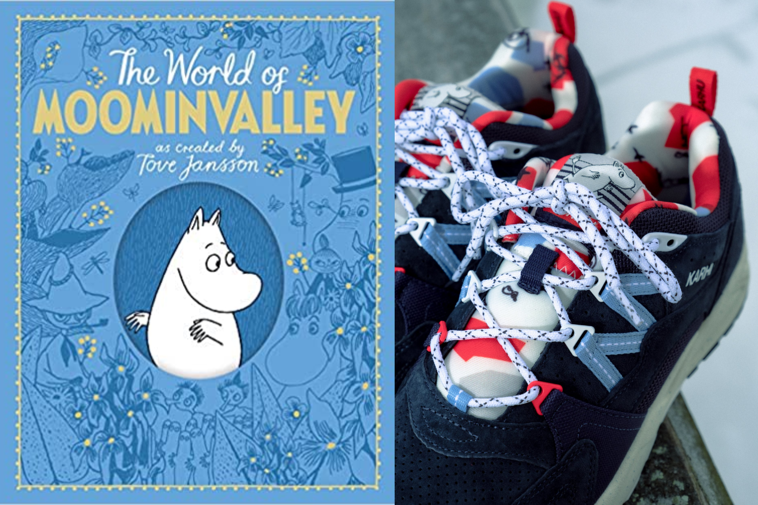 'The world of moominvalley' book cover side by side with Karhu x Moomin Fusion 2.0 'Chambray Blue'