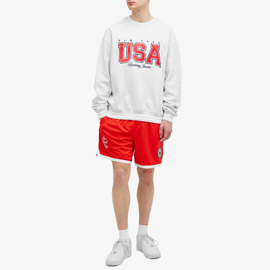 Tommy Jeans Archive Games Team USA Sweatshirt (Silver Grey) on person