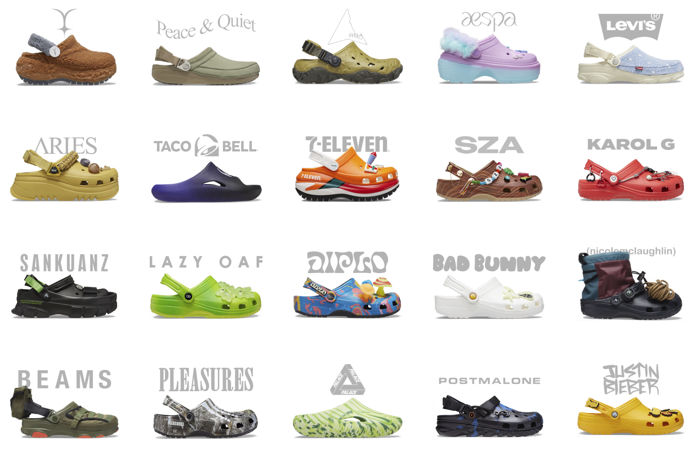 Collage of limited-edition Crocs collaborations with celebrities, designers, and brands including Post Malone, SZA, Taco Bell, and 7-Eleven.