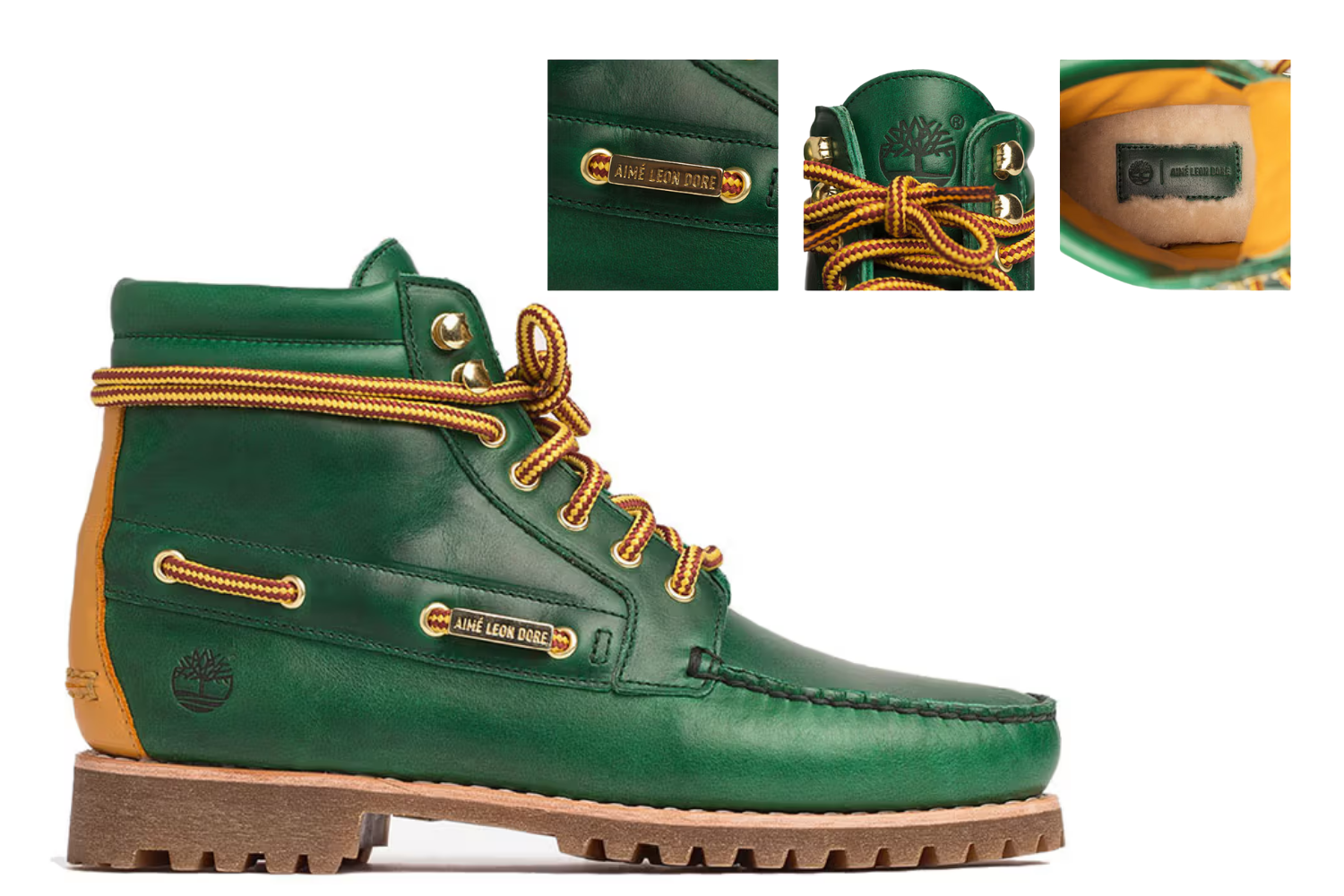 Green leather Timberland boot from the Aimé Leon Dore collaboration shown on a white background, with close-up details of the logo hardware, laces, and interior label.