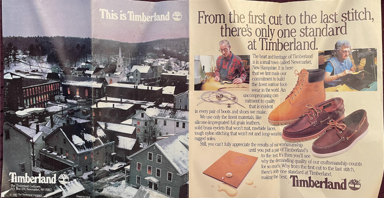 Open magazine spread featuring Timberland boots, craftsmanship imagery, and brand storytelling from a vintage print advertisement.