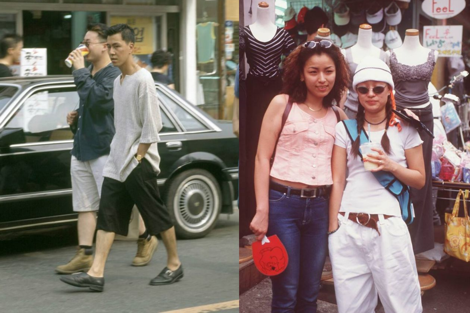 People walking through a city street wearing minimalist outfits and loafers, capturing everyday late-1990s urban fashion. Two women posing in casual streetwear near clothing stalls, representing youth fashion culture in an Asian market setting.