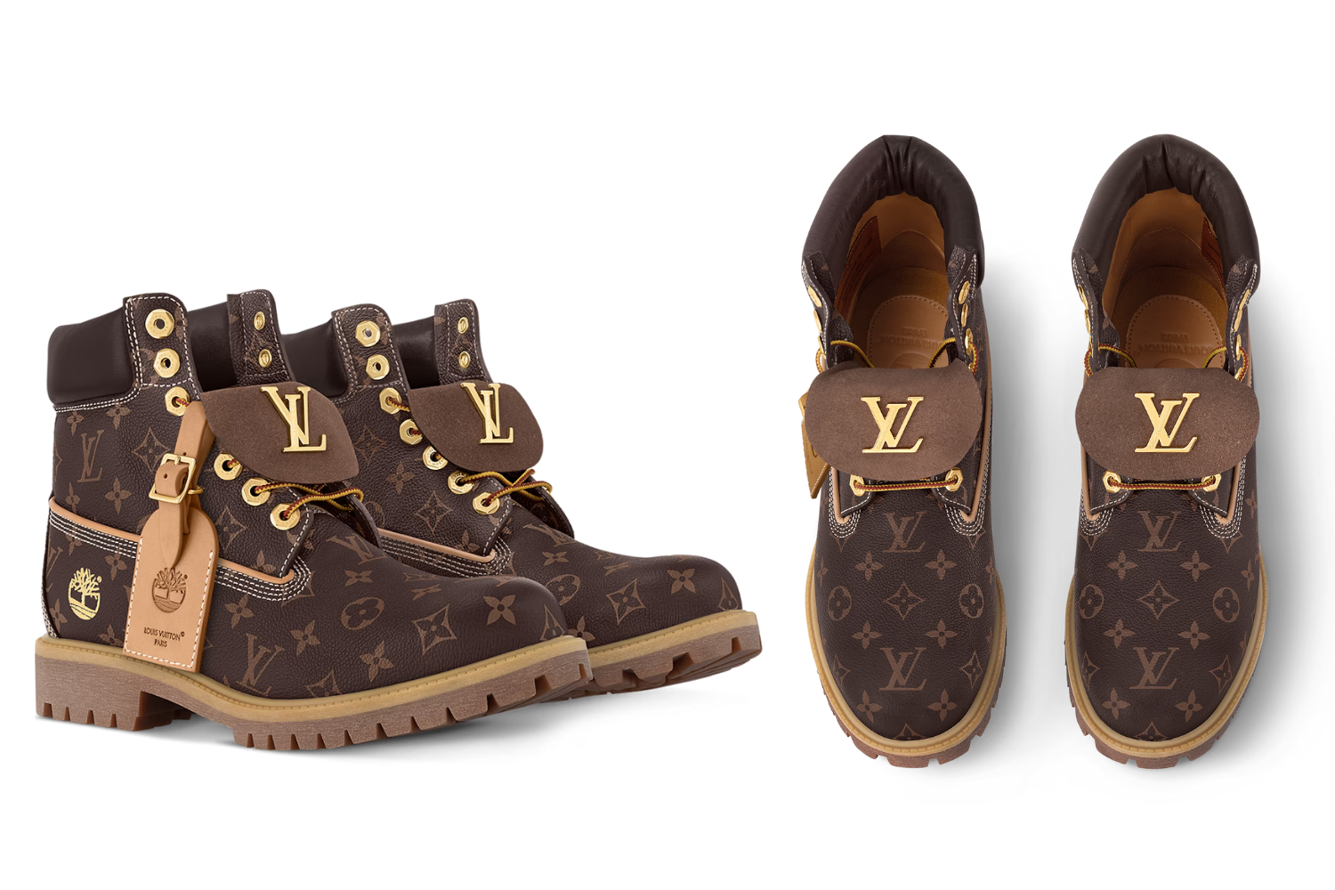 Louis Vuitton x Timberland boots in brown monogram leather shown from side and top views, featuring gold LV hardware, rugged soles, and branded leather tags.
