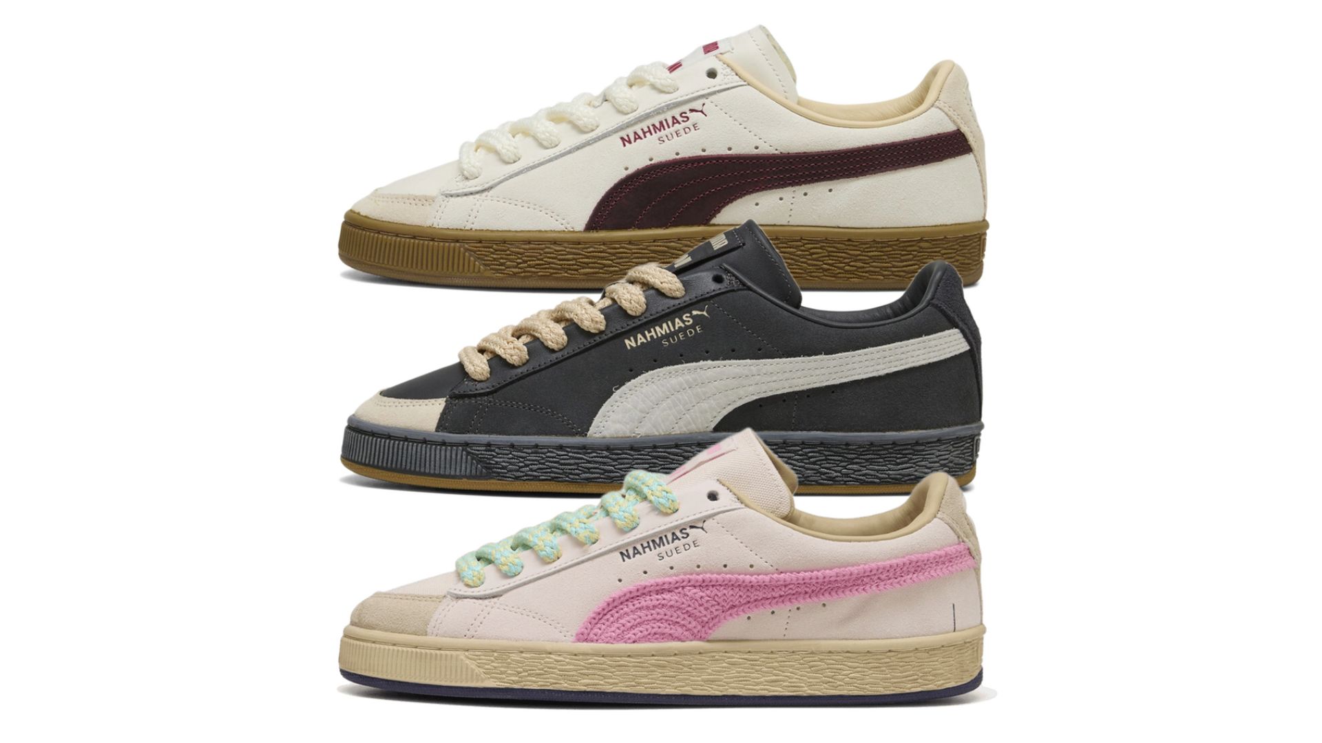 NAHMIAS x PUMA Suede Vintage
'Warm White' (407025-01) / 'Flat Dark Gray' (407026-01) / 'Jasmine Flower' (407027-01)